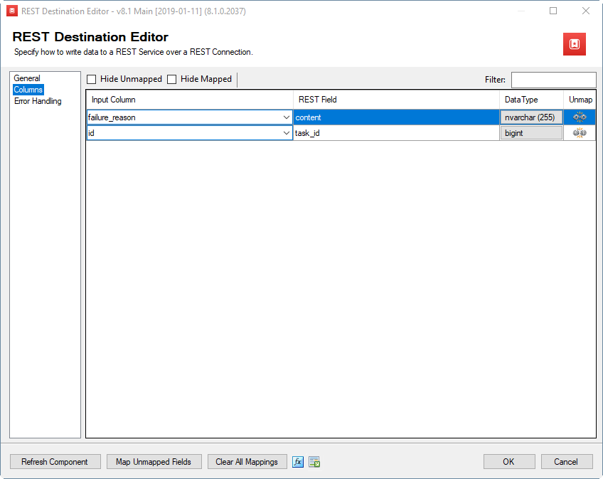 SSIS REST Wunderlist Destination - Columns